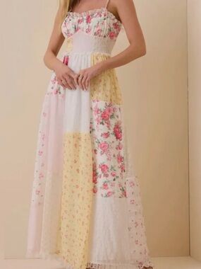 Altar'd State Floral Patchwork Maxi Dress in White, Yellow, Pink